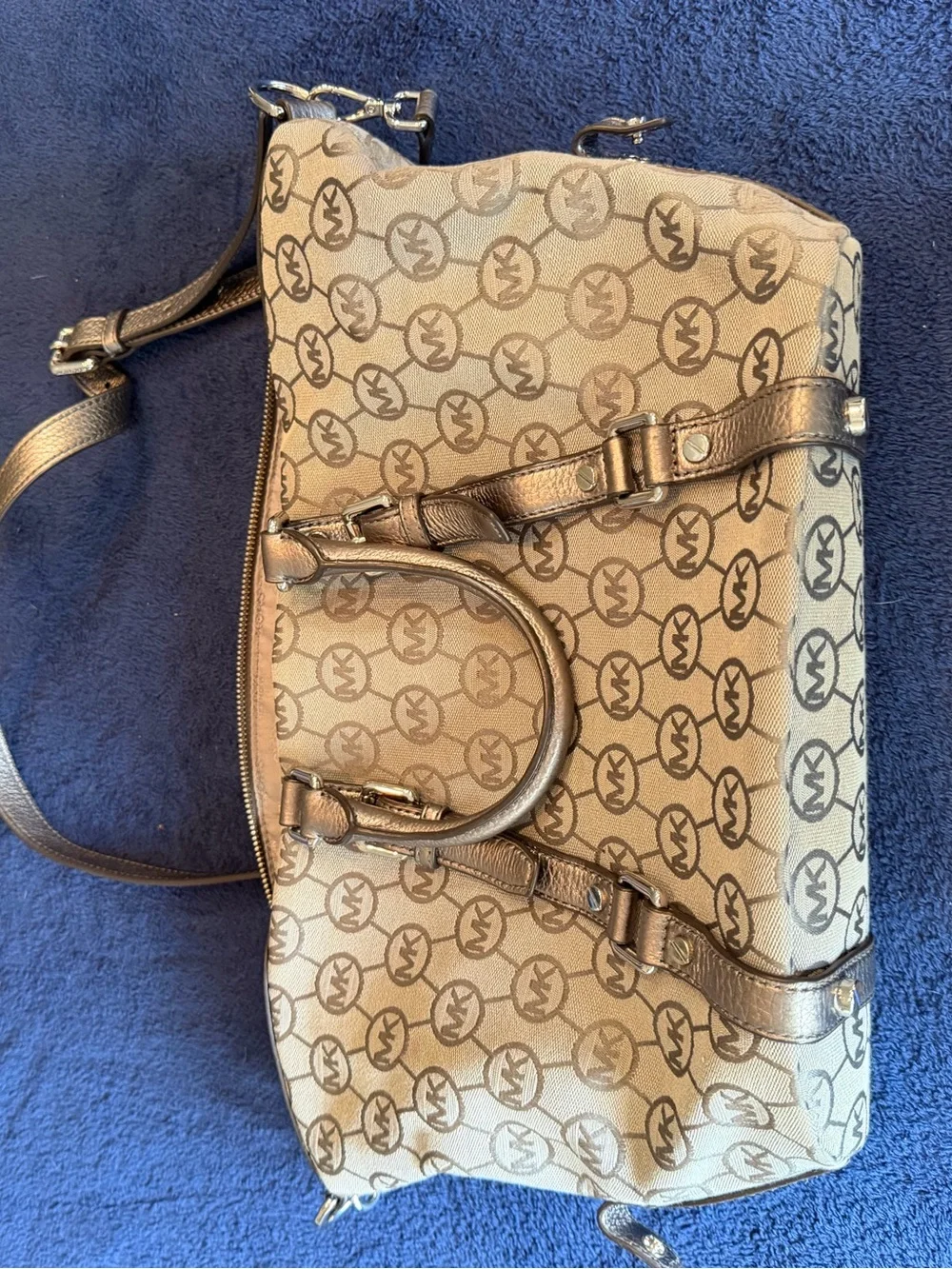 Michael Kors Beige Monogram Satchel with Bronze Trim